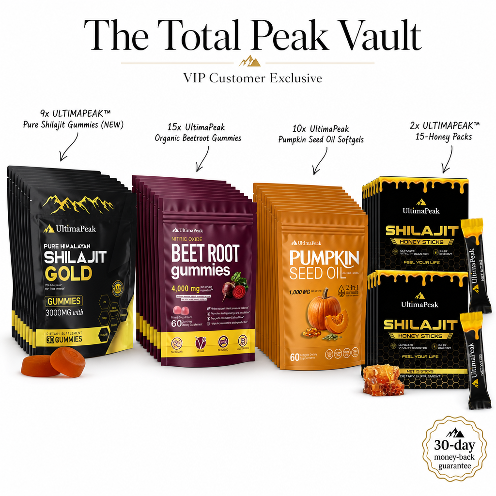 The Total Peak Vault (3x ULTIMAPEAK™ Pure Shilajit Gummies (NEW) + 3x UltimaPeak Organic Beetroot Gummies + 2x UltimaPeak Pumpkin Seed Oil Softgels + 1x ULTIMAPEAK™ 15-Honey Packs)